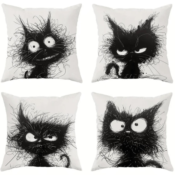 NEW Black and White Illustrated Cat Throw Pillow Covers Set of 4 - Picture 1 of 7
